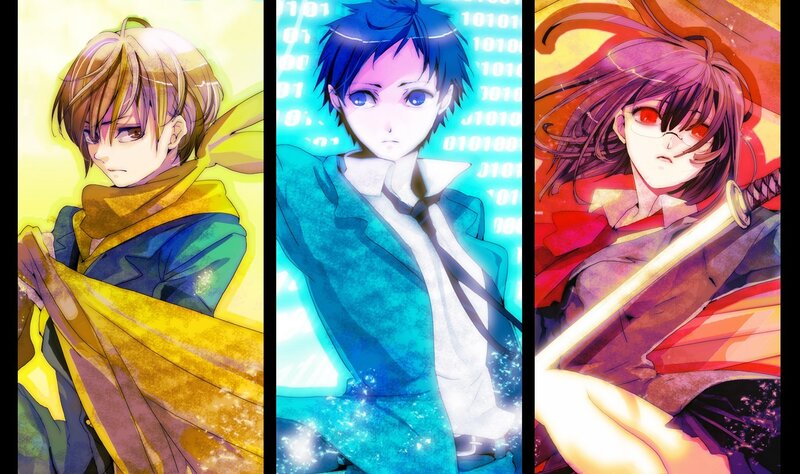 Three anime characters in vibrant panels