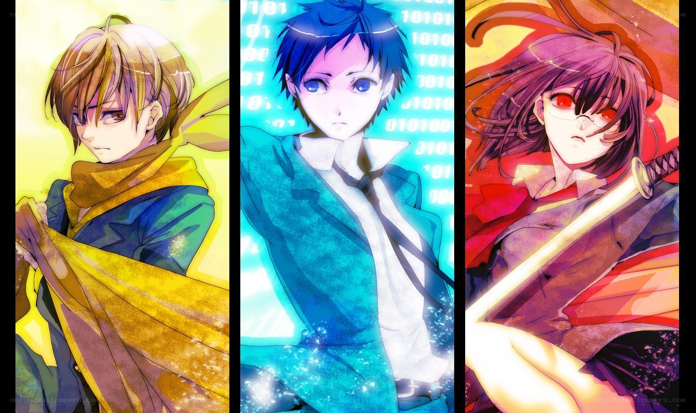 Three anime characters in vibrant panels