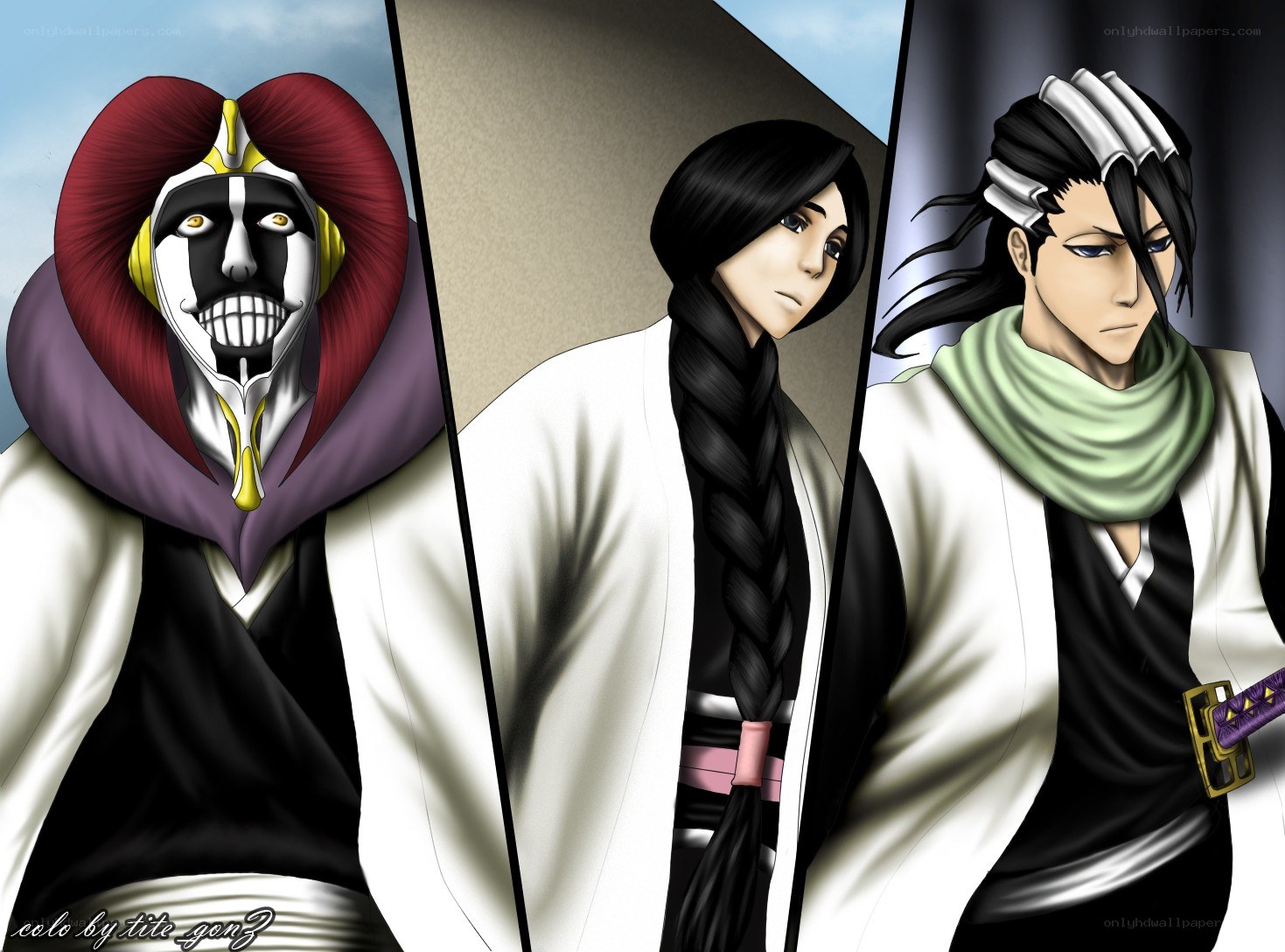 three anime characters in white robes