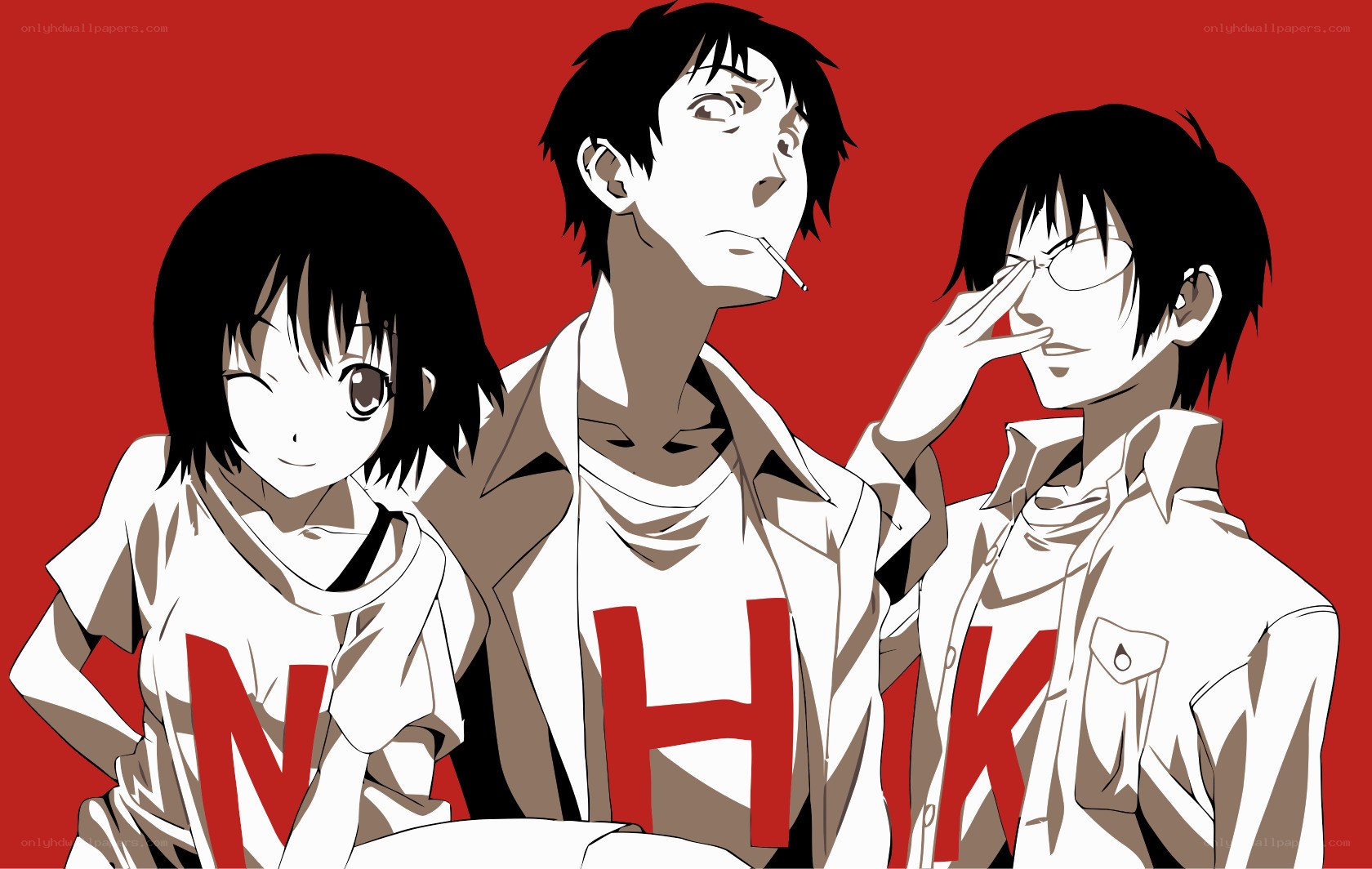 Three anime characters in white shirts