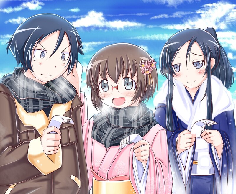 Three anime characters in winter clothes