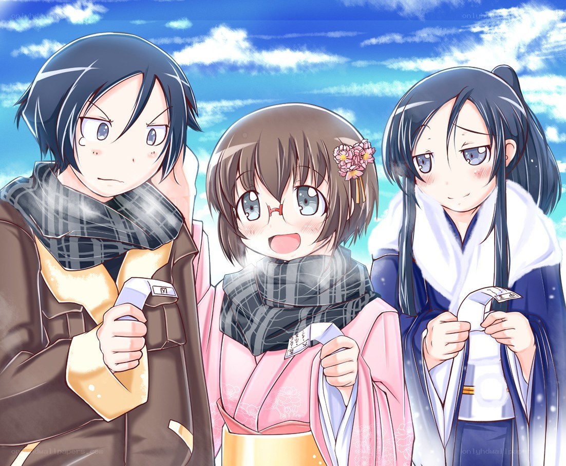 Three anime characters in winter clothes