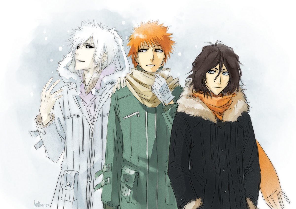 three anime characters in winter coats