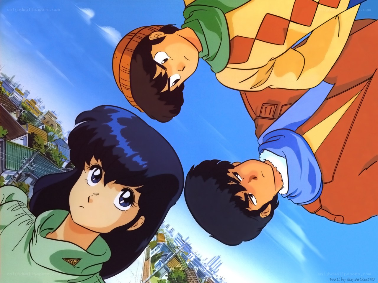three anime characters looking up