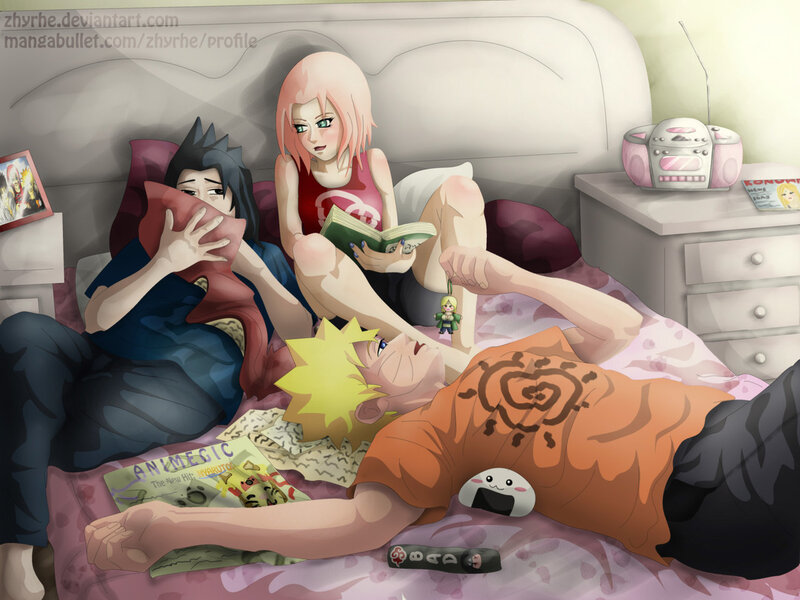 Three Anime Characters on a Bed