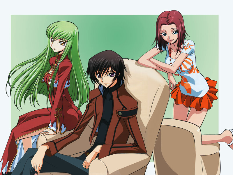 three anime characters on a couch