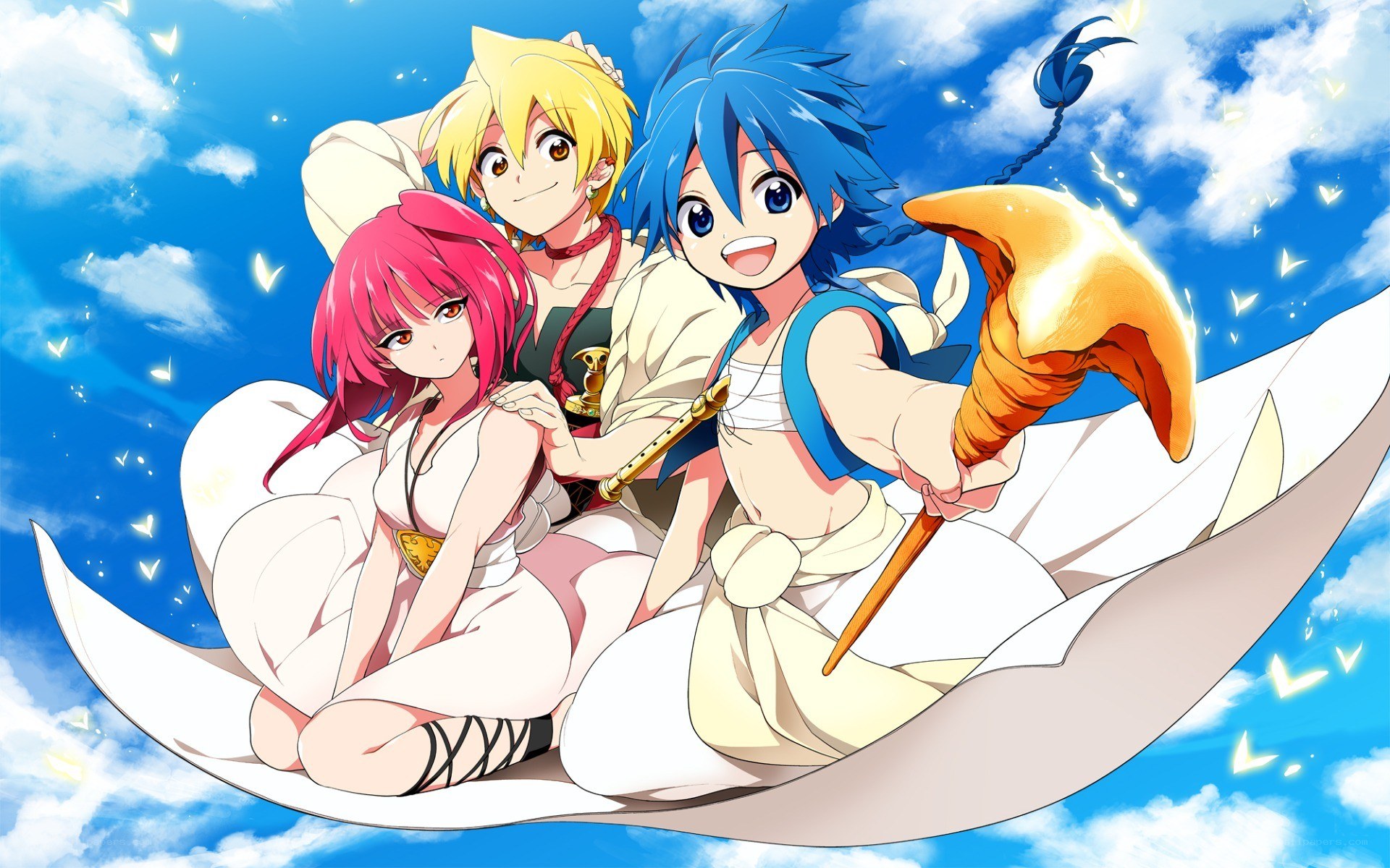 Three anime characters on a flying carpet