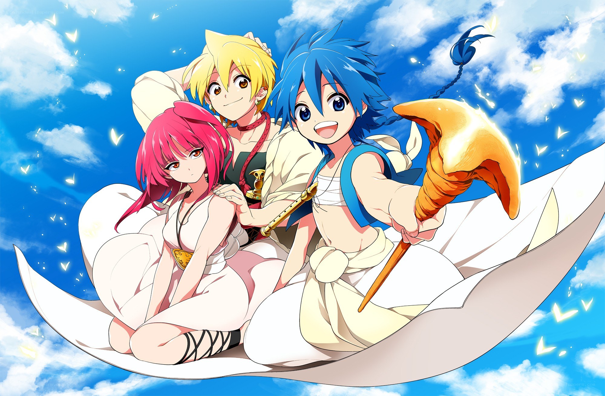 Three anime characters on a flying carpet
