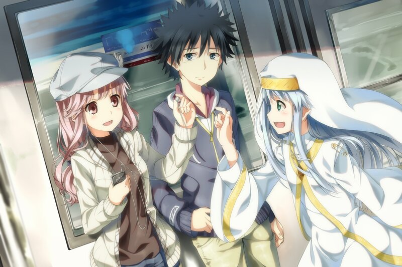 Three anime characters on a train