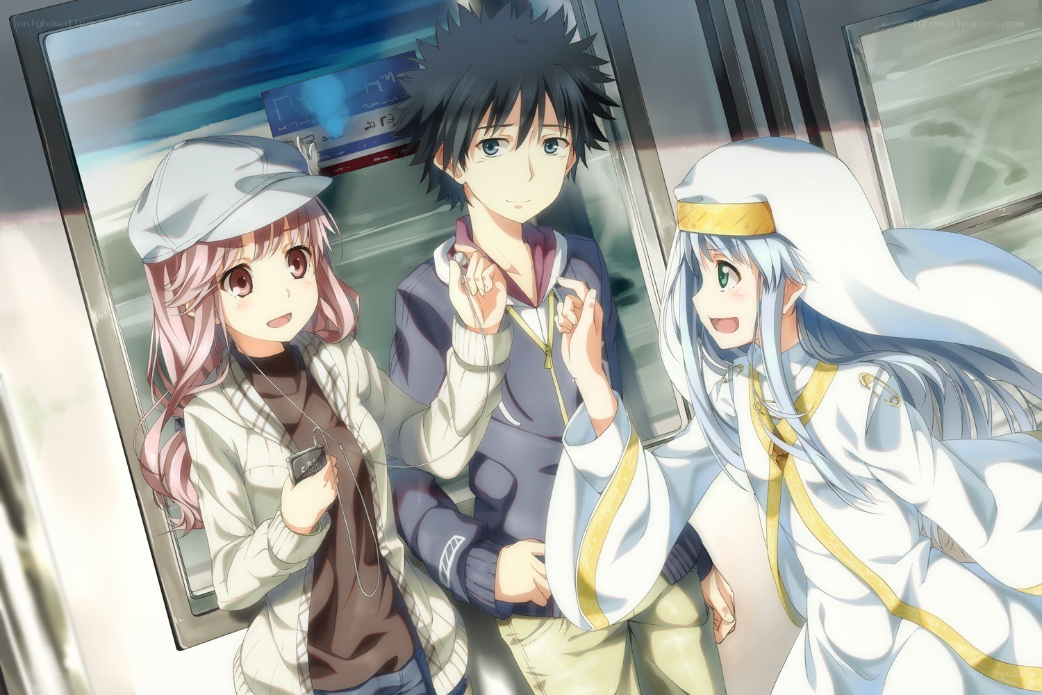 Three anime characters on a train