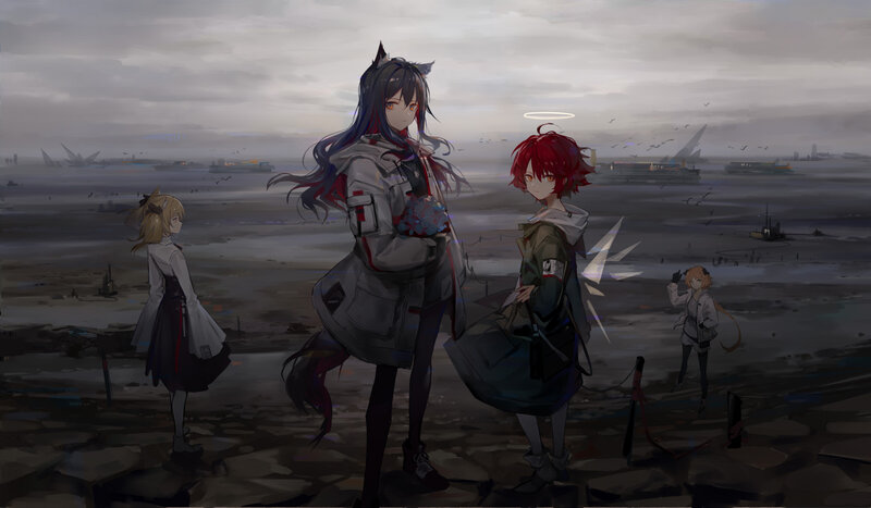 Three Anime Characters on Beach — Gray