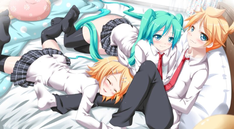 Three Anime Characters on Bed