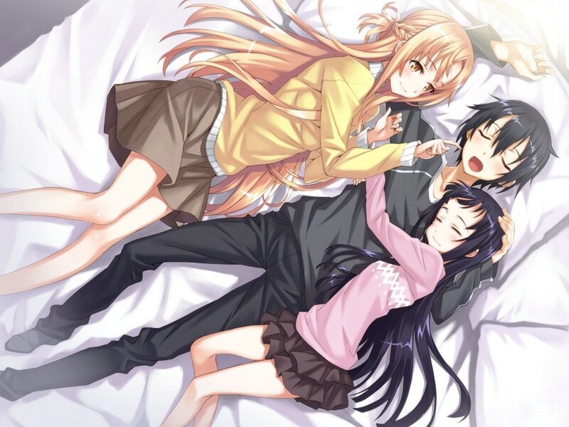 Three Anime Characters on Bed — White, Peaceful, Pillows