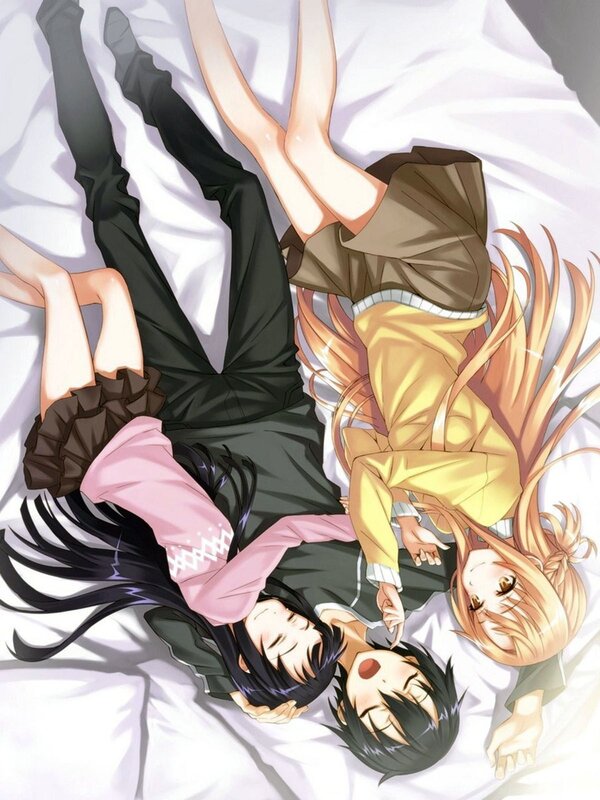 Three Anime Characters on Bed — White, Peaceful