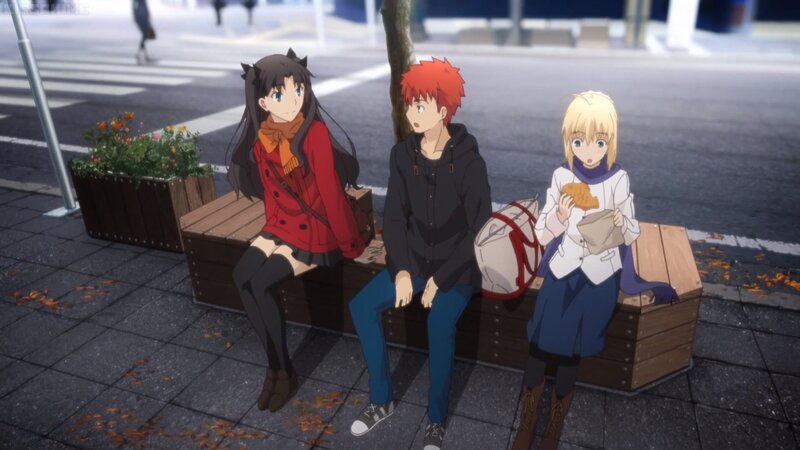 Three Anime Characters on Bench — Brown