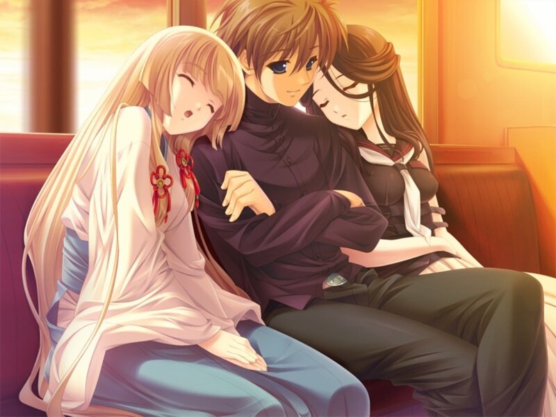 Three Anime Characters on Bench — Orange