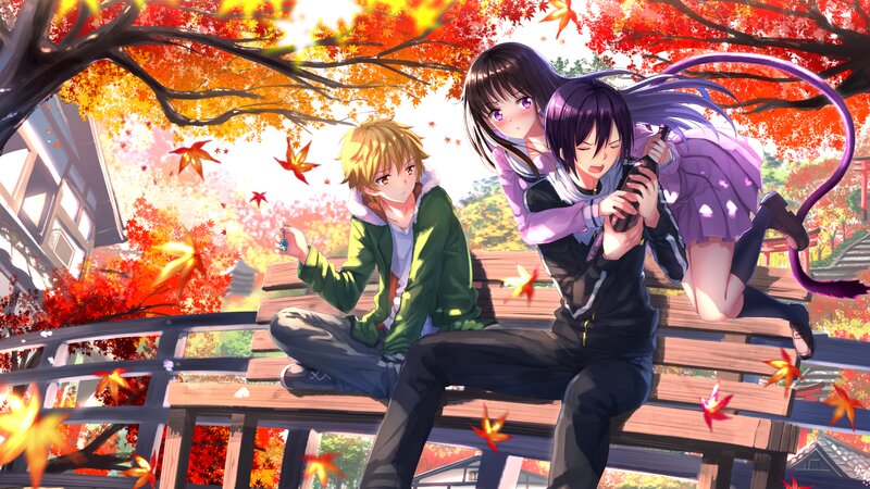 Three Anime Characters on Bench — Red