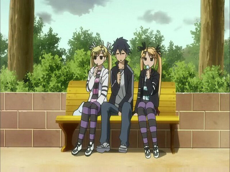 Three Anime Characters on Bench