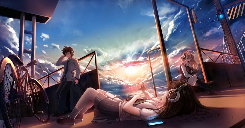 Three Anime Characters on Bridge — Blue, Serene, Sunset