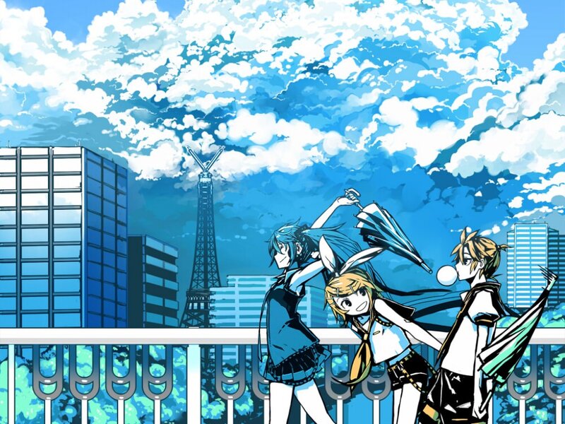 Three Anime Characters on Bridge — Blue