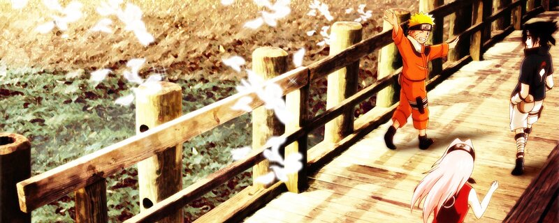 Three Anime Characters on Bridge — Orange, Peaceful, Autumn