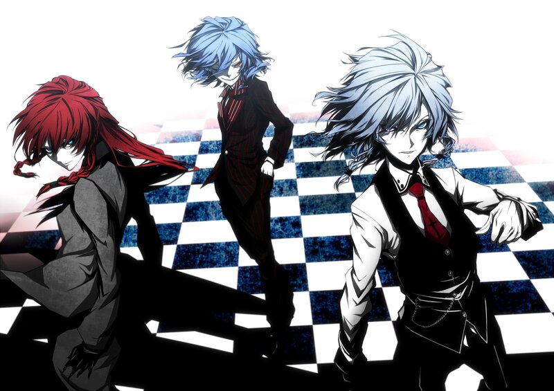 three anime characters on checkered floor