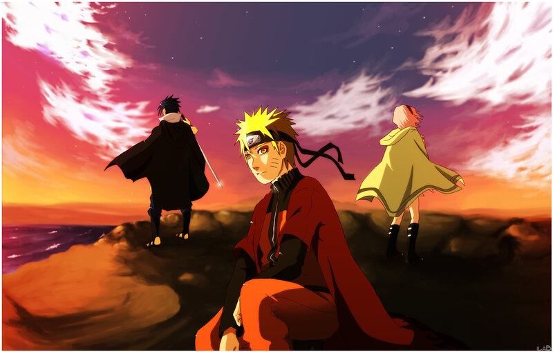 Three Anime Characters on Cliff — Orange