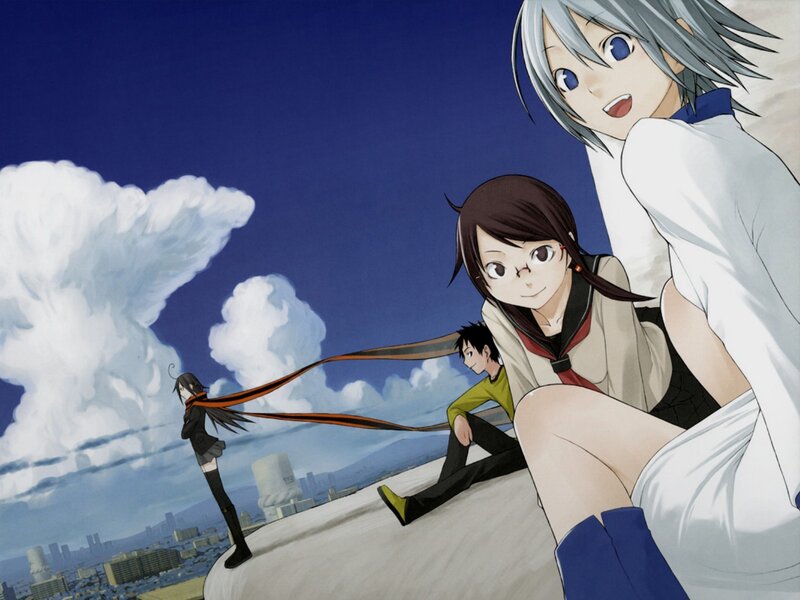 Three Anime Characters on Rooftop — Blue, Dramatic