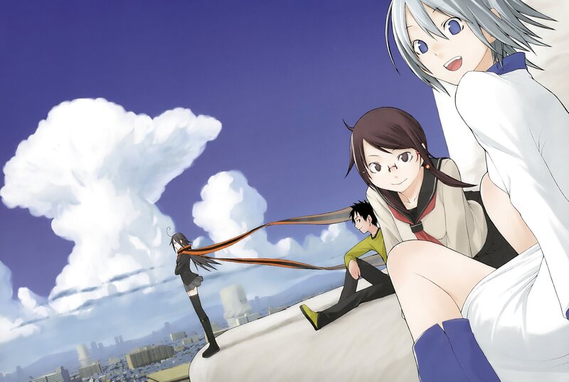 Three Anime Characters on Rooftop — Blue