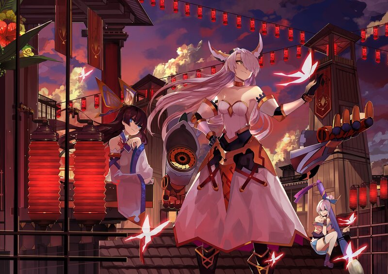 Three Anime Characters on Rooftop — Red