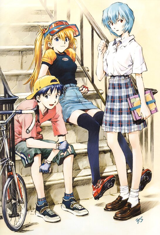 Three Anime Characters on Stairs — Blue, Casual
