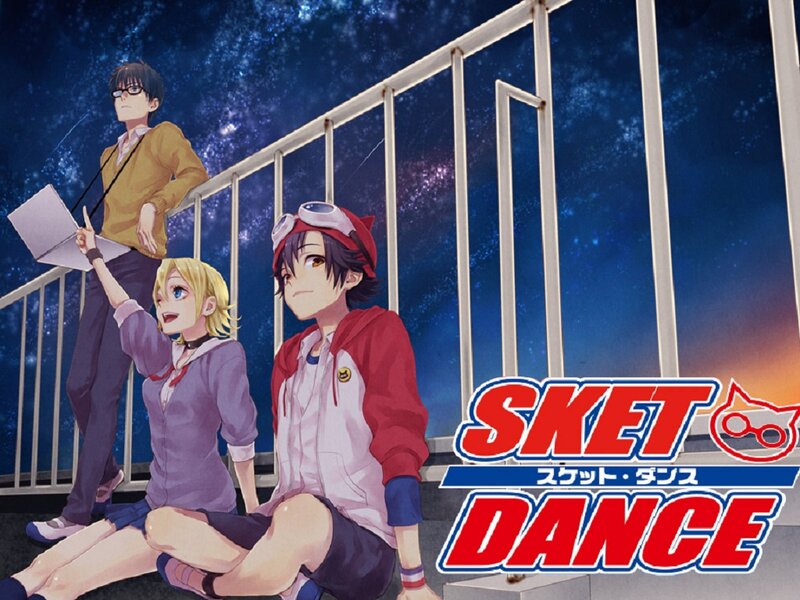 Three Anime Characters on Stairs — Blue
