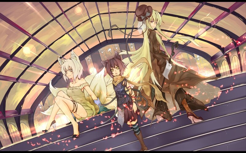 Three Anime Characters on Stairs — Yellow