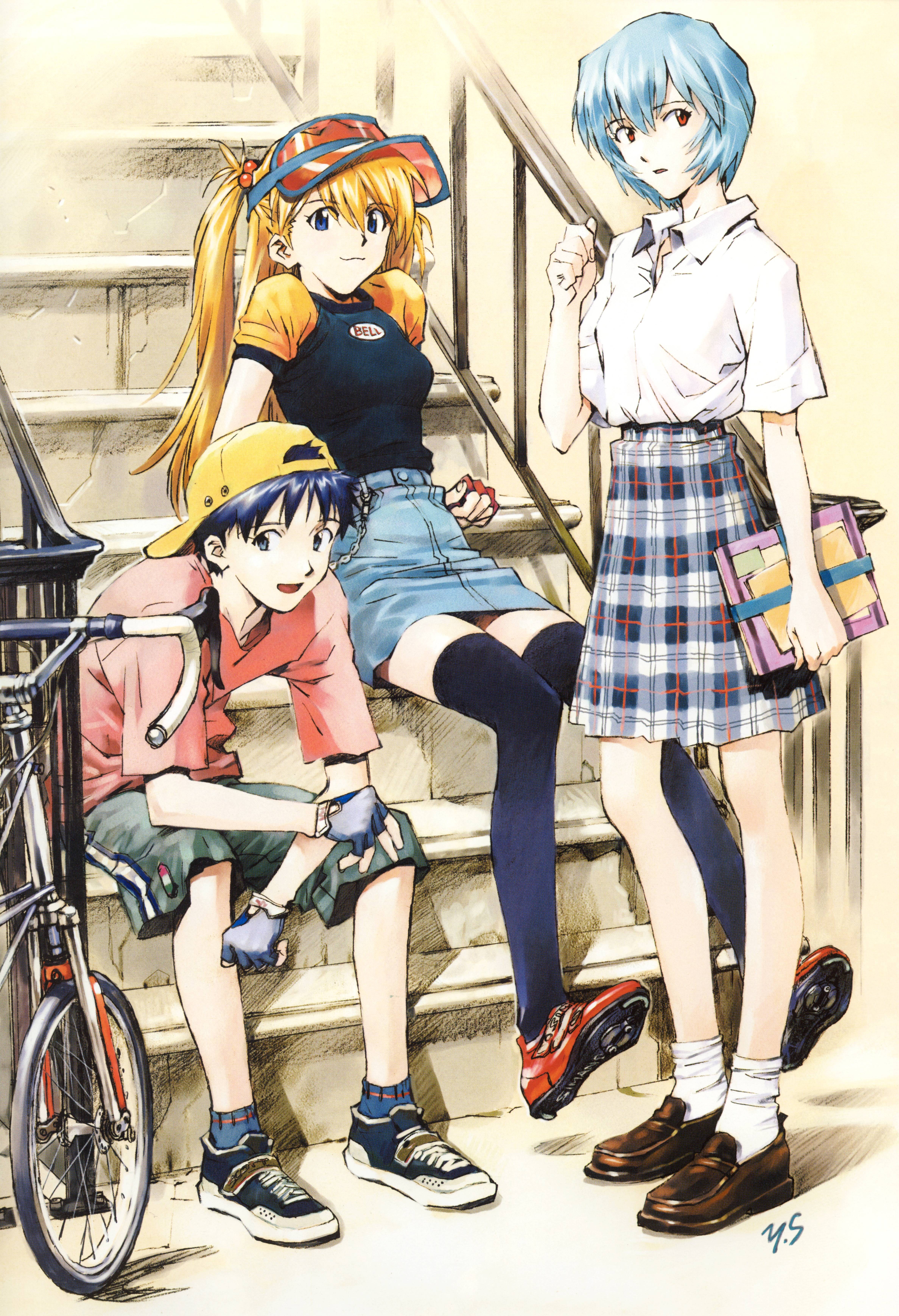 Three anime characters on stairs