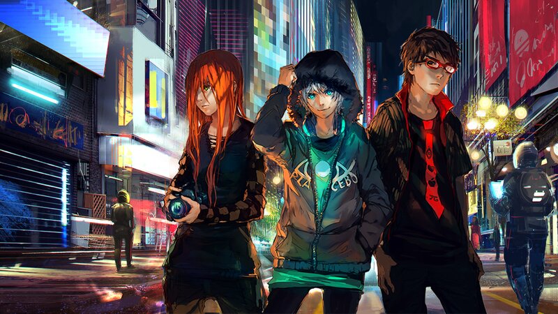 Three Anime Characters on Street — Black