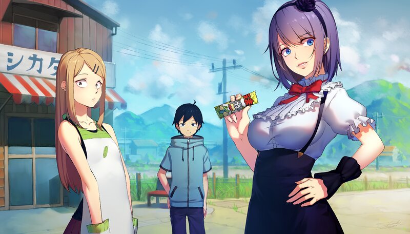 Three Anime Characters on Street — Blue