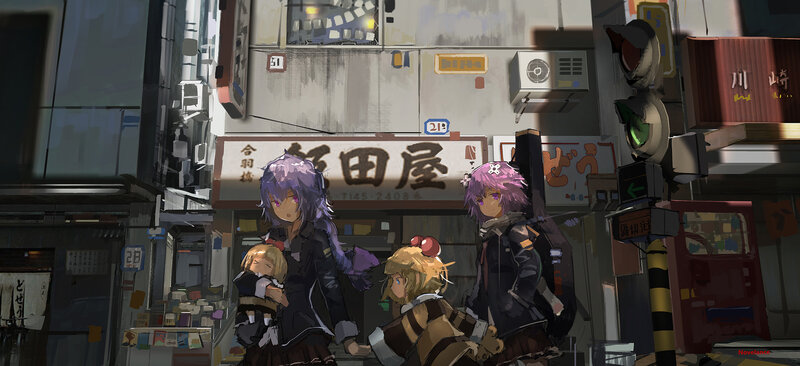 Three Anime Characters on Street — Purple