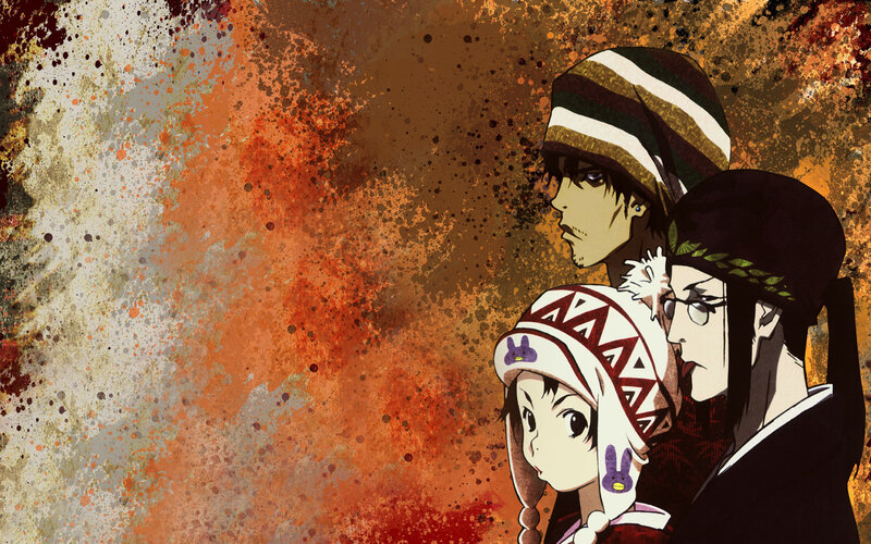 Three Anime Characters — Orange, Dramatic, Anime Art, Splatter Background