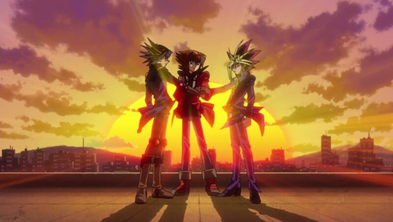 Three Anime Characters — Orange, Dramatic, Sunset, City Skyline