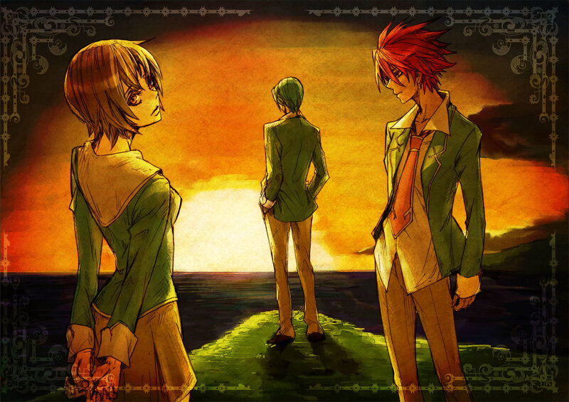 Three Anime Characters — Orange, Dramatic, Sunset, Ocean