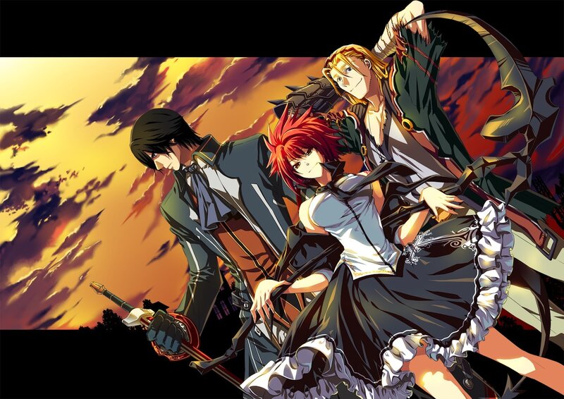 Three Anime Characters — Orange, Dramatic, Sunset, Swords