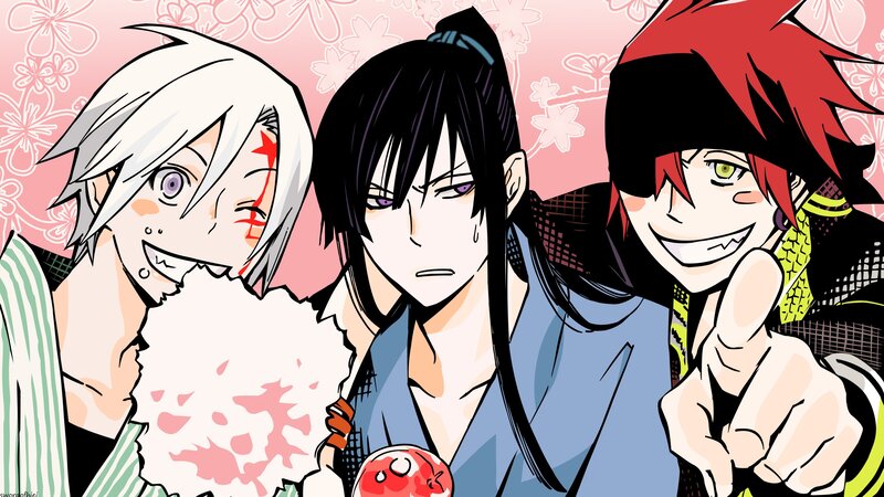 Three Anime Characters — Pink, Playful, Spring, Cherry Blossoms