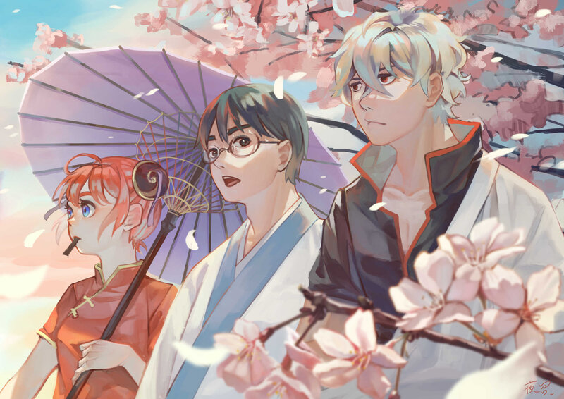 Three Anime Characters — Pink, Serene, Spring, Digital Art