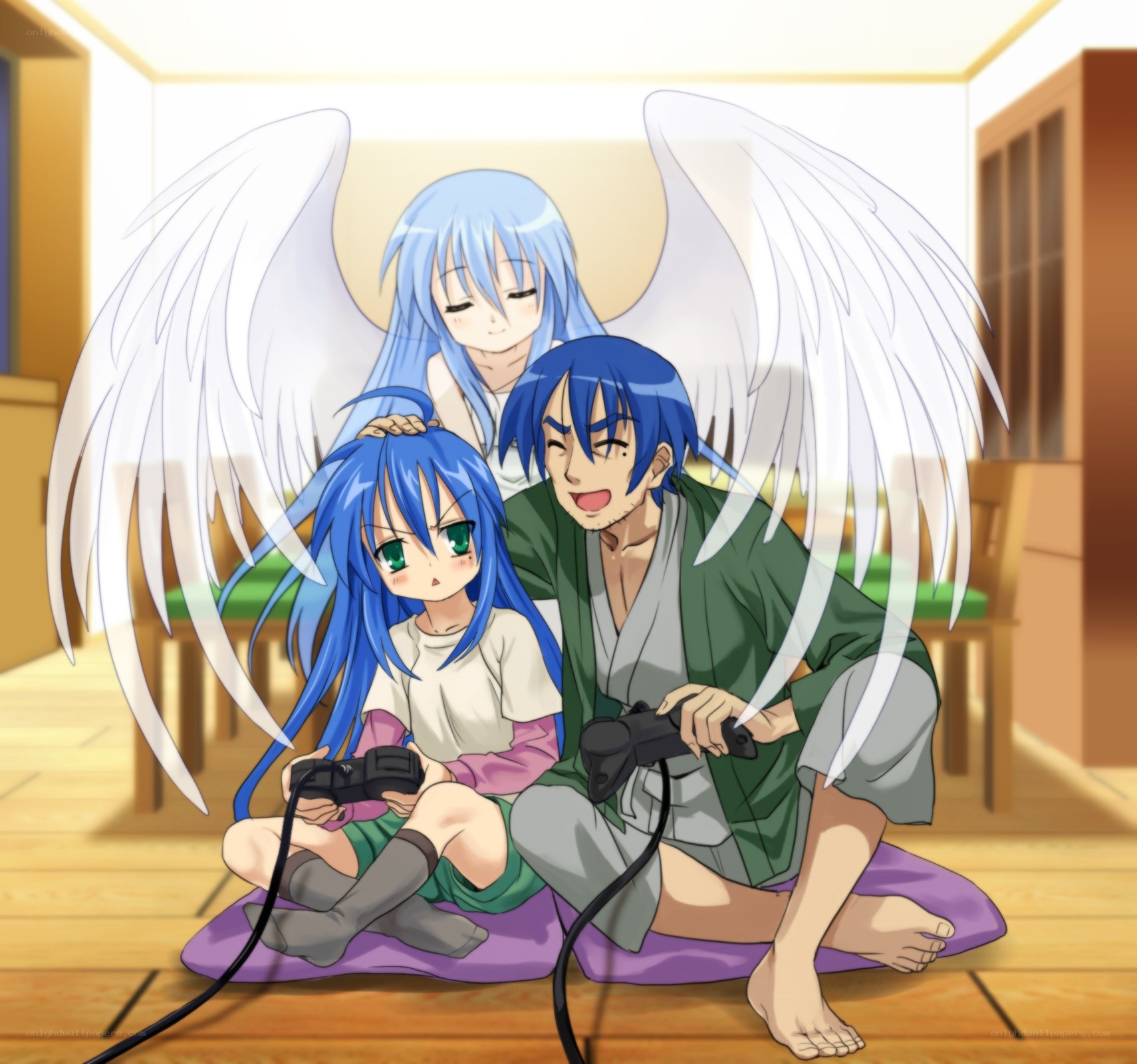 Three anime characters playing video games