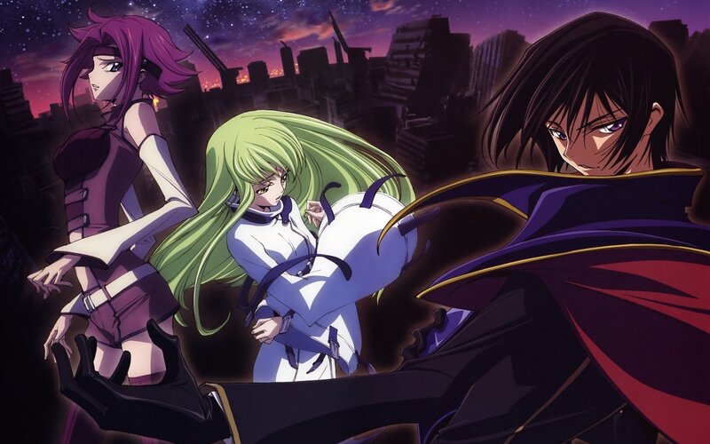 Three Anime Characters — Purple, Dramatic, Night, City Skyline