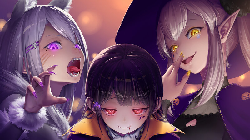 Three Anime Characters — Purple, Dramatic, Night, Digital Art