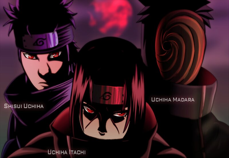 Three Anime Characters — Purple, Dramatic, Night, Red Eyes