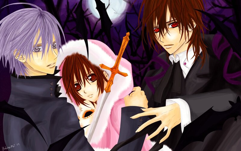 Three Anime Characters — Purple, Dramatic, Night, Sword, Moon