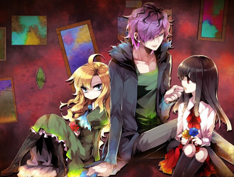 Three Anime Characters — Purple, Dramatic, Paintings, Flowers