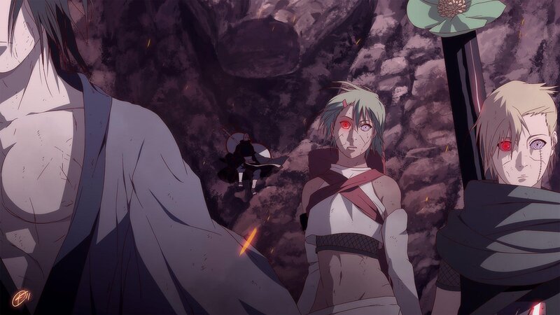 Three Anime Characters — Purple, Dramatic, Red Eyes